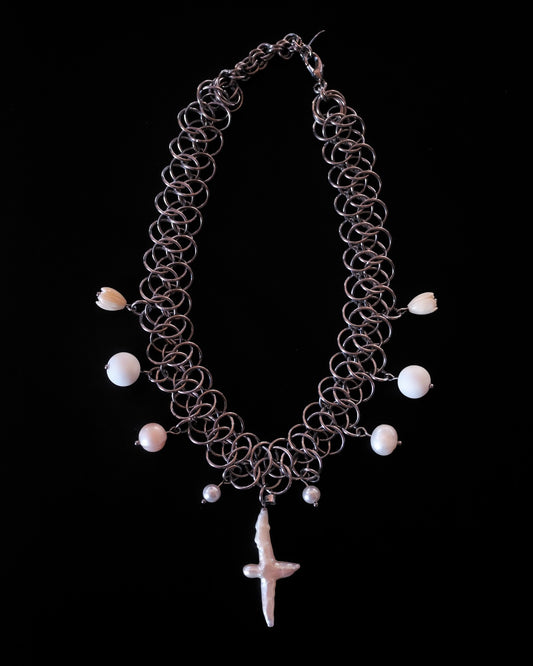 Bruha x Hukott mixed beads and baroque pearl chainmaille choker 2